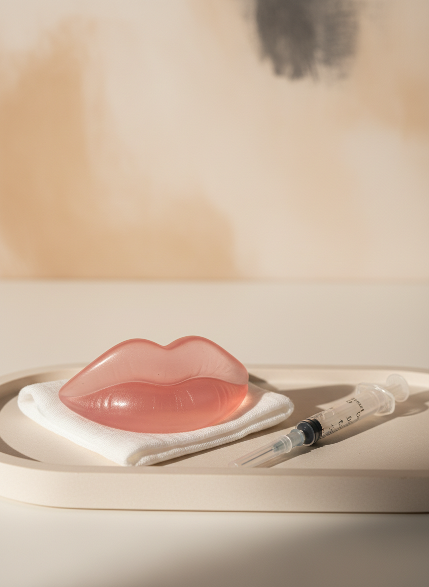 A refined still-life composition representing lip filler treatment: a pair of semi-transparent silicone lip forms, softly contoured and tinted a natural rose hue, rest on a folded, snow-white gauze pad atop a pale stone tray. Next to them lies a single, unopened syringe with a clear barrel and finely printed dosage markings, placed diagonally for dynamic balance. The background shows a blurred, warm-toned wall with a hint of abstract artwork in neutral shades. Soft, warm studio lighting from the front-left creates delicate reflections on the silicone surface, suggesting volume and hydration, while shadows remain gentle and non-threatening. Photographic realism, captured from a slightly elevated angle with a shallow depth of field, creating an elegant, calm, and safe visual metaphor for lip augmentation.