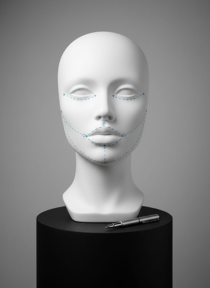 A sleek, high-resolution close-up of a white sculptural mannequin head and neck, positioned on a matte black pedestal in front of a soft grey backdrop. Discreet dotted lines and small, tasteful markers are drawn along the jawline, lips, cheeks, and under-chin area, indicating zones for mandibular enhancement, lip filling, and double-chin lipo. A slim, stainless-steel cannula and a fine-tipped marking pen rest at the base of the pedestal. Gentle, diffused studio lighting from both sides creates smooth gradients along the contours of the mannequin, emphasizing symmetry and harmony. The atmosphere is artistic yet clinical, photographed in realistic style with a centered composition and shallow depth of field, highlighting the concept of facial harmonization and precise contouring without depicting actual people.