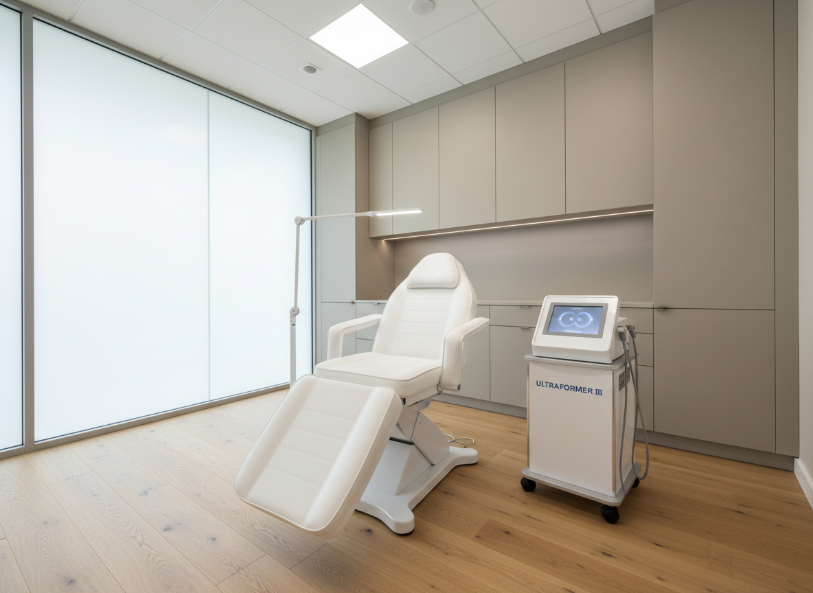 An ultra-modern aesthetic treatment room photographed in realistic detail, featuring a fully reclined white treatment chair with smooth, seamless upholstery, positioned centrally under a sleek articulating LED procedure lamp. To the side, a compact device labeled “Ultraformer III” with a glossy white and silver casing rests on a wheeled stand, its touchscreen softly glowing. The floor is a pale wood, and built-in cabinets in matte light taupe line the wall, neatly closed. Natural daylight from a frosted glass window combines with cool, clean overhead lighting, creating a bright, hygienic feel. The composition is wide-angle, eye-level, with sharp focus throughout, conveying a calm, high-tech, and trustworthy environment suitable for face and neck treatments.