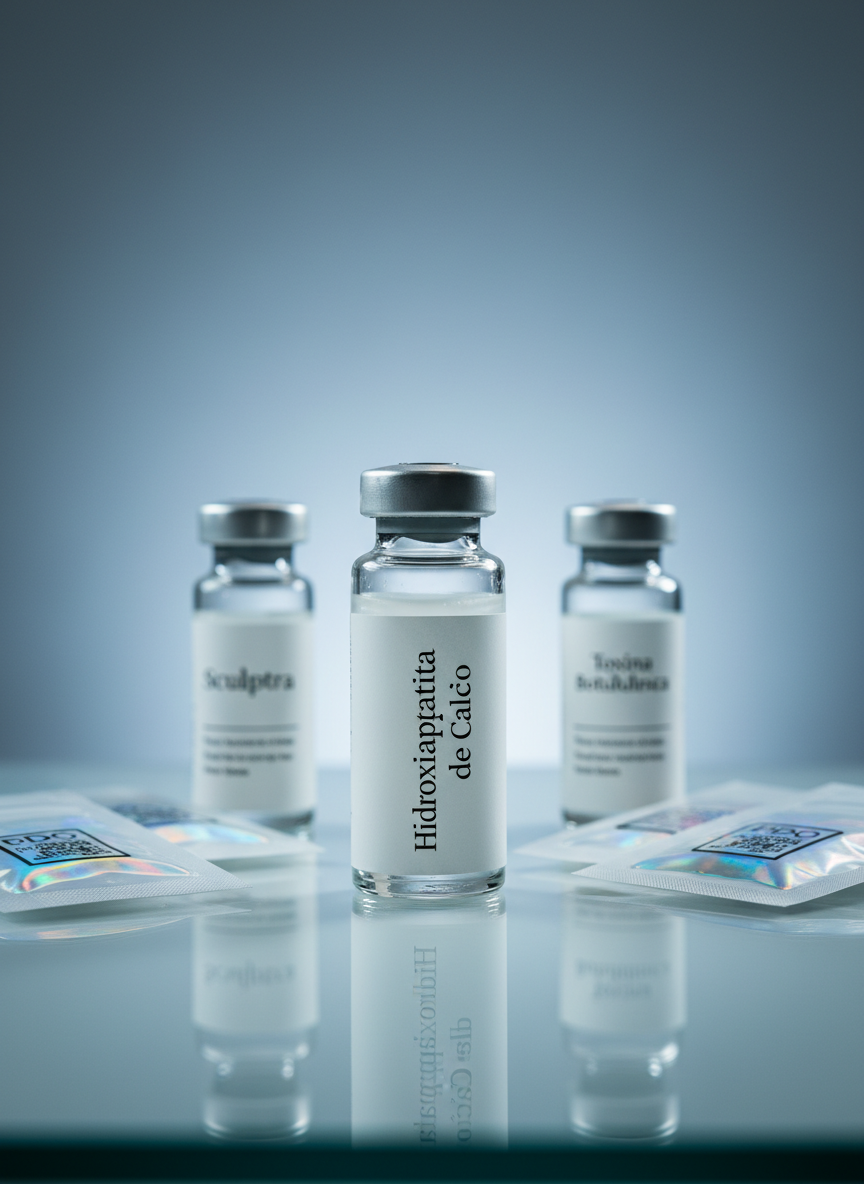 A dramatic, photographic close-up of a transparent medical-grade vial labeled “Hidroxiapatita de Cálcio” in elegant, minimal lettering, standing upright on a reflective glass surface. Around it, softly out of focus, lie other labeled vials such as “Sculptra” and “Toxina Botulínica,” along with sealed PDO thread packages, all arranged with clinical precision. Cool, directional studio lighting from the side creates crisp highlights on the glass and subtle reflections on the surface, with a gentle gradient of shadow in the background. The mood is high-tech, scientific, and trustworthy. Captured at eye level with a shallow depth of field, the primary vial is in razor-sharp focus, while the surrounding elements form a soft bokeh, underscoring the sophistication of injectable facial treatments.