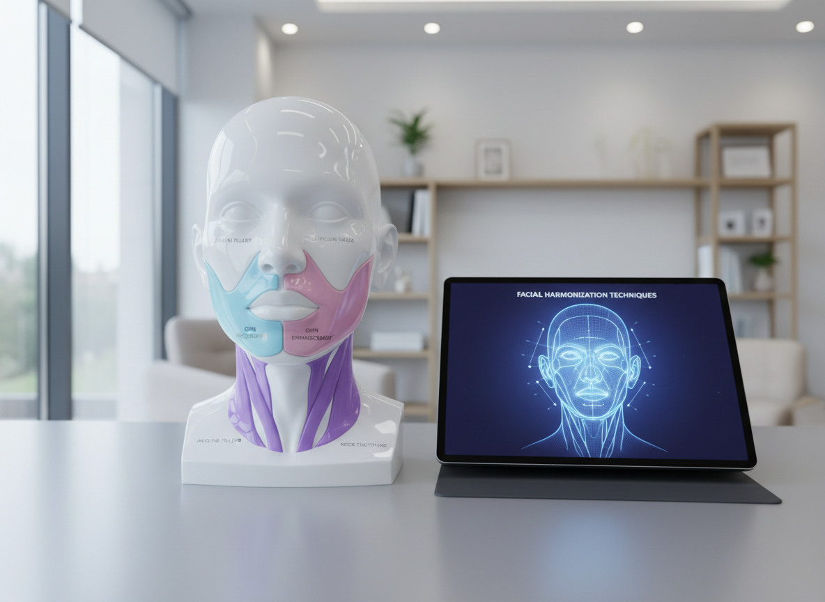A close-up, photographic realistic view of a glossy, anatomically detailed 3D model of a human face and neck placed on a smooth, light grey desk in a consultation room. Colored transparent overlays indicate key areas for jawline filler, chin enhancement, and neck tightening, labeled with fine, minimalist typography. Beside it, open on the desk, a digital tablet displays a schematic diagram of facial harmonization techniques. Cool, diffused daylight from a side window mixes with subtle overhead lighting, creating soft, shadowless illumination. The atmosphere is educational and reassuringly clinical. Shot from a slightly elevated angle with a moderate depth of field, the background fades into a soft blur of neutral walls and shelves, emphasizing the precision and technical expertise behind each treatment.