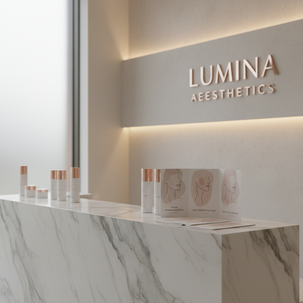 A polished marble reception counter in a luxury aesthetic clinic, with a neatly arranged display of elegant skincare bottles and brochures about facial harmonization and neck rejuvenation. The bottles are matte white with subtle rose-gold accents, and the brochures show abstract facial outlines without showing people. Behind the counter, a softly illuminated wall features the clinic’s name in refined metal lettering. Warm, indirect LED strip lighting washes the wall, while natural daylight from the side brightens the marble veins. The mood is welcoming and professional, with a clean, modern design. Photographic realism, eye-level composition using the rule of thirds, with gentle background blur to keep focus on the reception details and the sense of trust and sophistication.