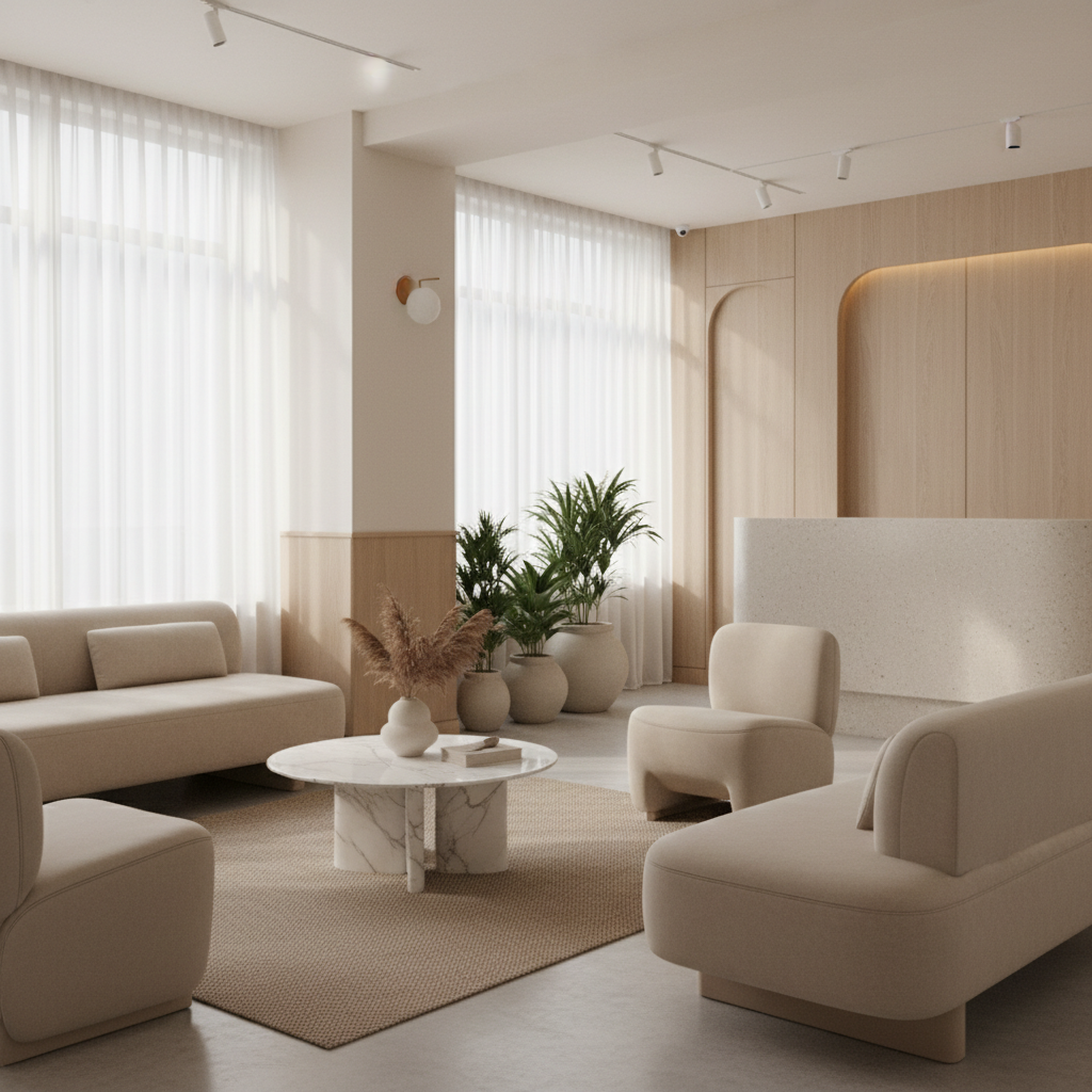 imagem estética neutra, clínica de estética moderna e elegante, tons claros e suaves, foco em ambiente acolhedor sem texto nem logotipo, estilo fotográfico realista